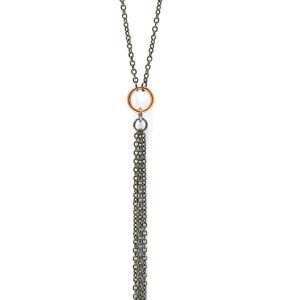 Elegant necklace with a rose gold ring and silver tassel pendant.