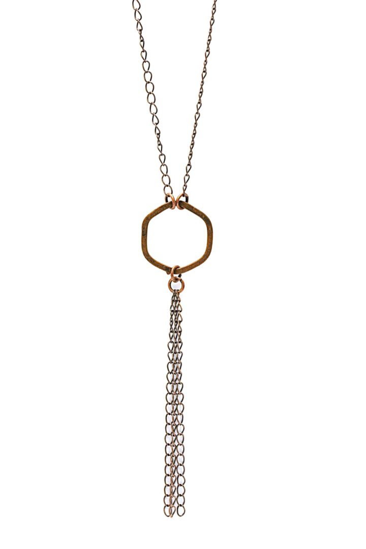 Elegant gold and silver pendant necklace with chain tassels.
