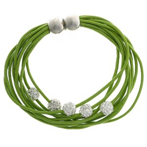 Stylish green multi-strand necklace with white spherical beads and silver accents.