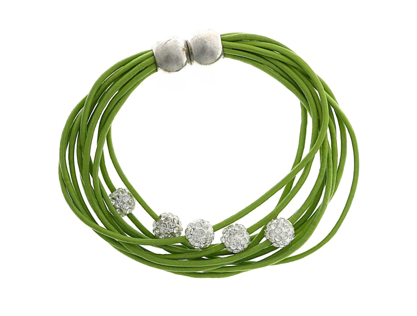 Stylish green multi-strand necklace with white spherical beads and silver accents.