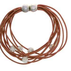 Elegant brown multi-strand bracelet with white beads.