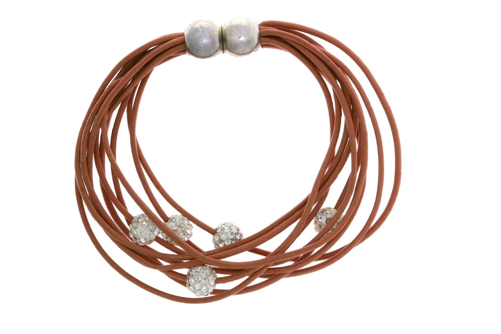 Elegant brown multi-strand bracelet with white beads.