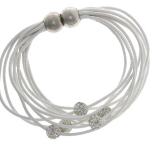 Elegant multi-strand white bracelet with silver beads.