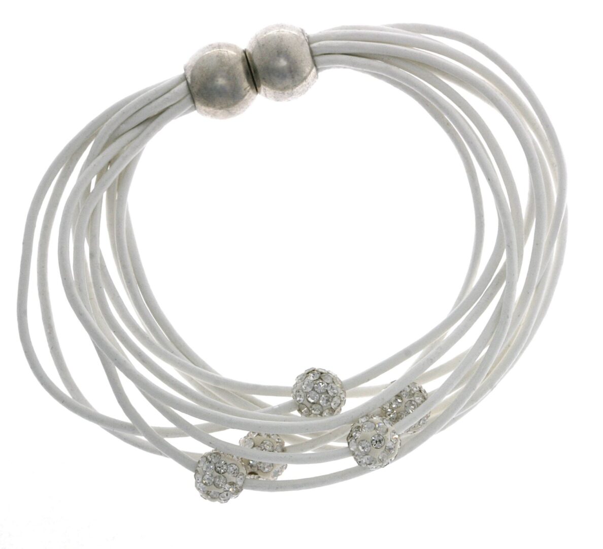 Elegant multi-strand white bracelet with silver beads.