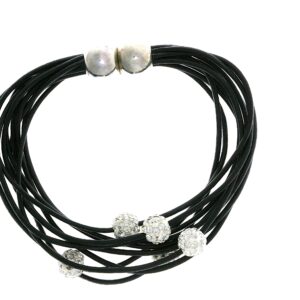 Stylish multi-strand black necklace with silver accents and magnetic clasp.