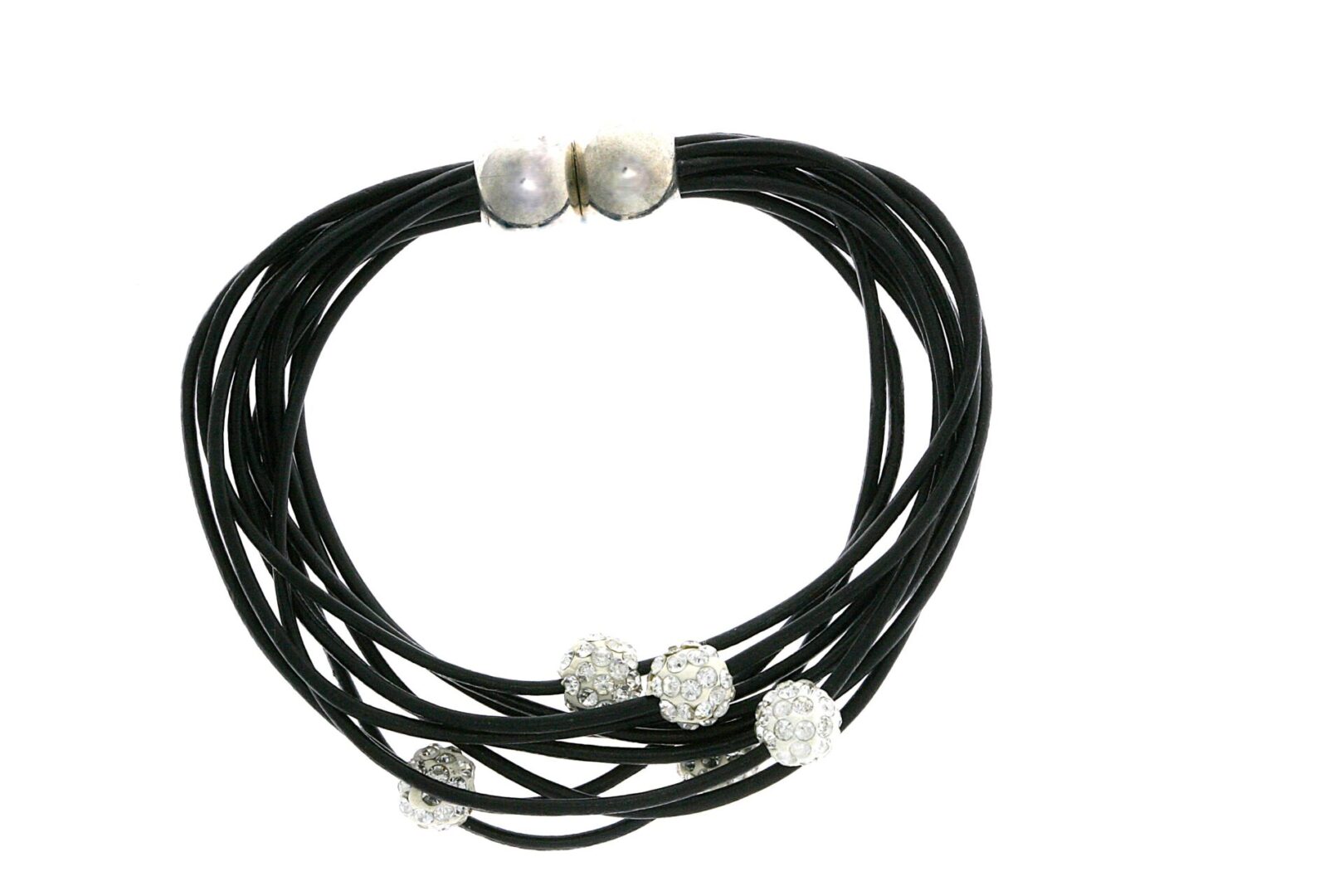 Stylish multi-strand black necklace with silver accents and magnetic clasp.