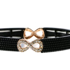 Two black bracelets with infinity symbols, one gold and one silver with a gem.