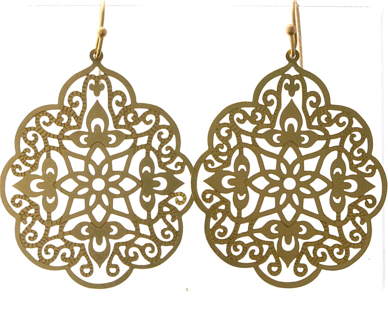 Intricately designed gold-tone filigree earrings with elegant patterns.