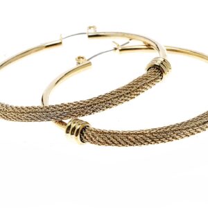 Elegant gold hoop earrings with intricate woven design.