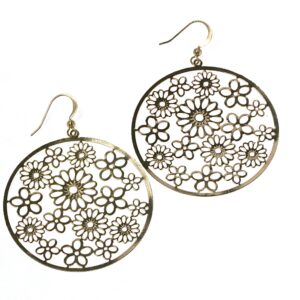 Round floral filigree gold earrings with hook attachments.