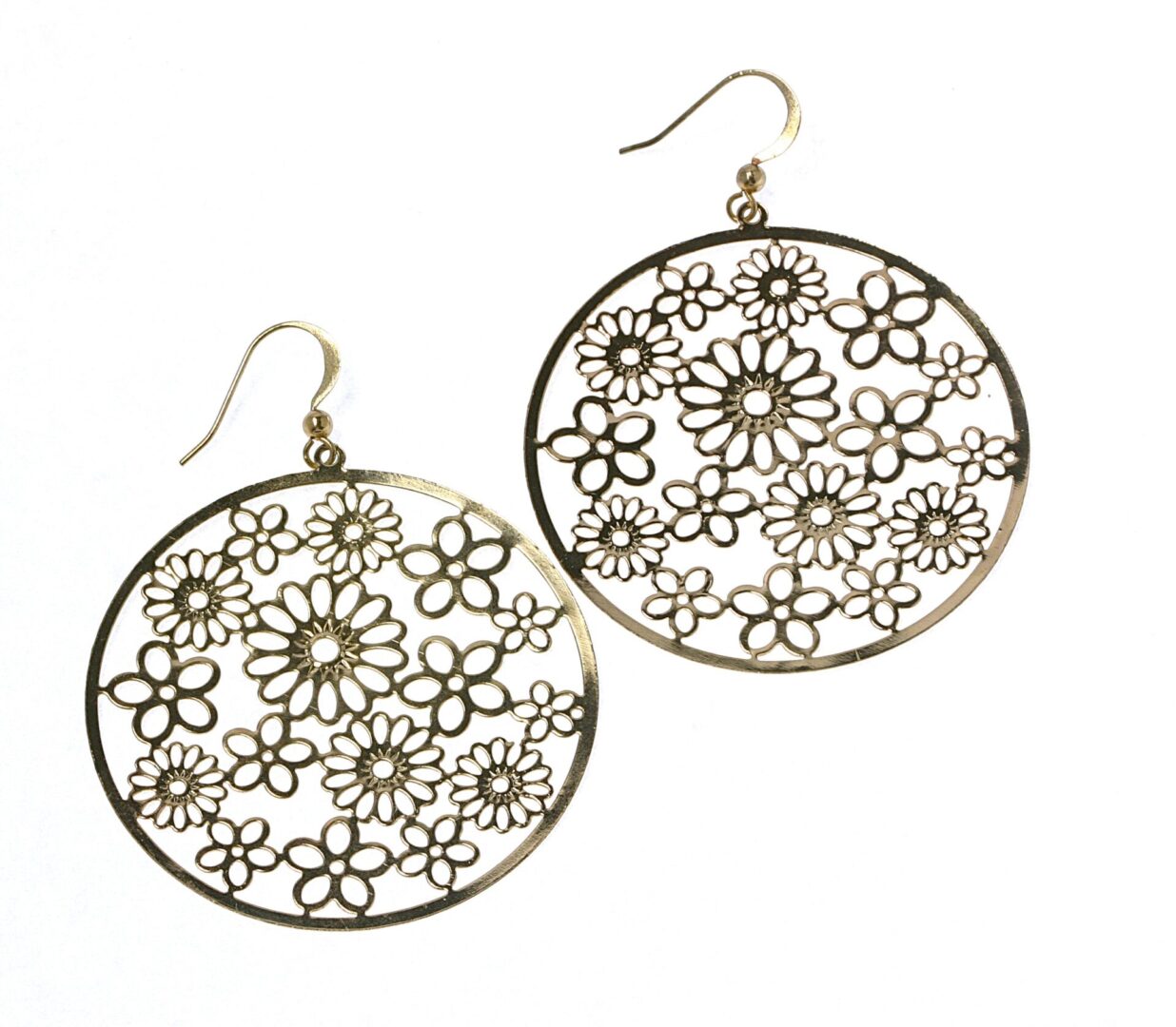 Round floral filigree gold earrings with hook attachments.
