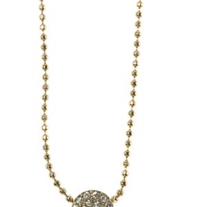 Elegant pendant necklace with a round, detailed charm on a beaded chain.