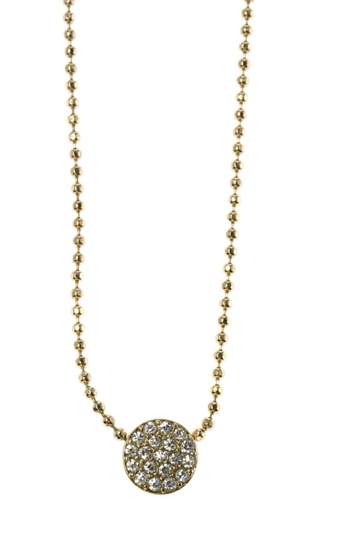 Elegant pendant necklace with a round, detailed charm on a beaded chain.