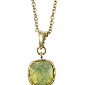 Gold necklace with a square green gemstone pendant.