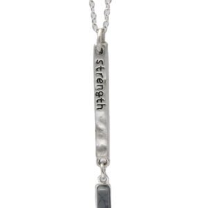 Silver necklace with a vertical pendant and a small rectangular charm.