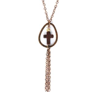 Elegant rose gold necklace with a cross pendant and tassel chain.