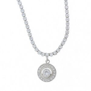 Elegant silver necklace with a circular pendant featuring embedded crystals.