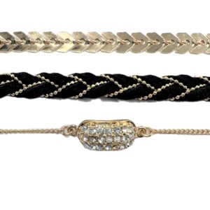 Three elegant bracelets featuring gold, black velvet, and rhinestones.