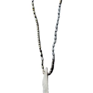 Silver pendant necklace with a textured rectangular charm on a chain.