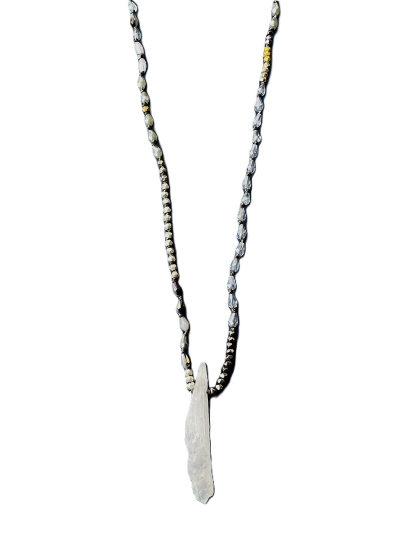 Silver pendant necklace with a textured rectangular charm on a chain.