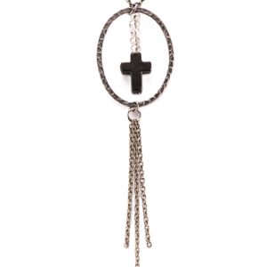 Silver necklace with a black cross pendant and dangling chains.