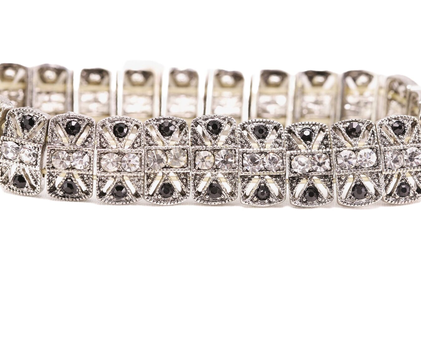 Close-up of a rhinestone-studded silver bracelet.