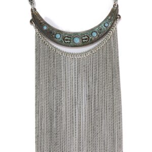 Elegant silver necklace with intricate blue stone accents and cascading chains.