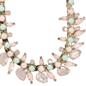 Elegant necklace with pastel pink and mint green stones.
