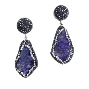 Elegant silver earrings with deep blue stone pendants and small crystals.