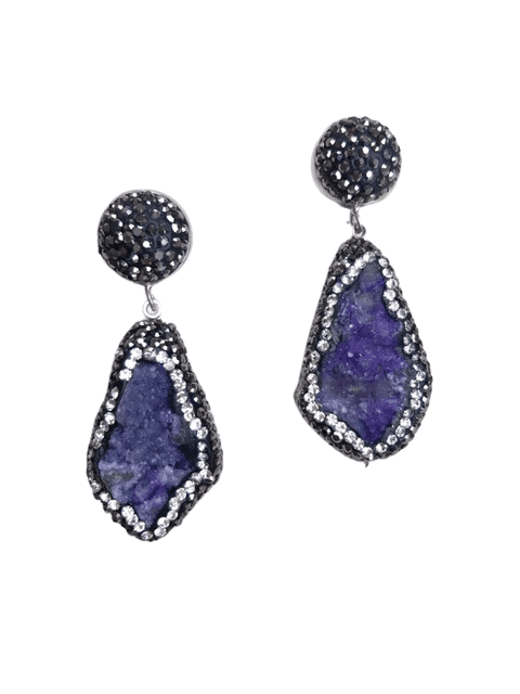 Elegant silver earrings with deep blue stone pendants and small crystals.