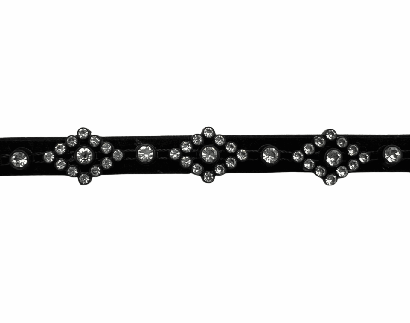 Black strap adorned with symmetrical silver studs and rhinestones.