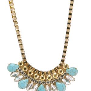 Elegant gold necklace with blue teardrop gemstones and intricate detailing.