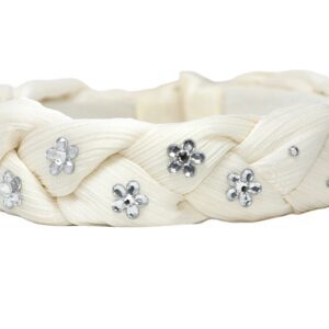 White ceramic bracelet adorned with silver floral decorations.