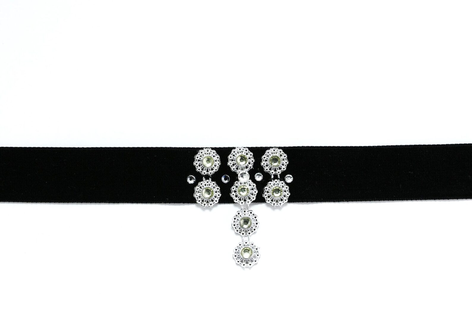 Black velvet choker with sparkling silver and rhinestone centerpiece.