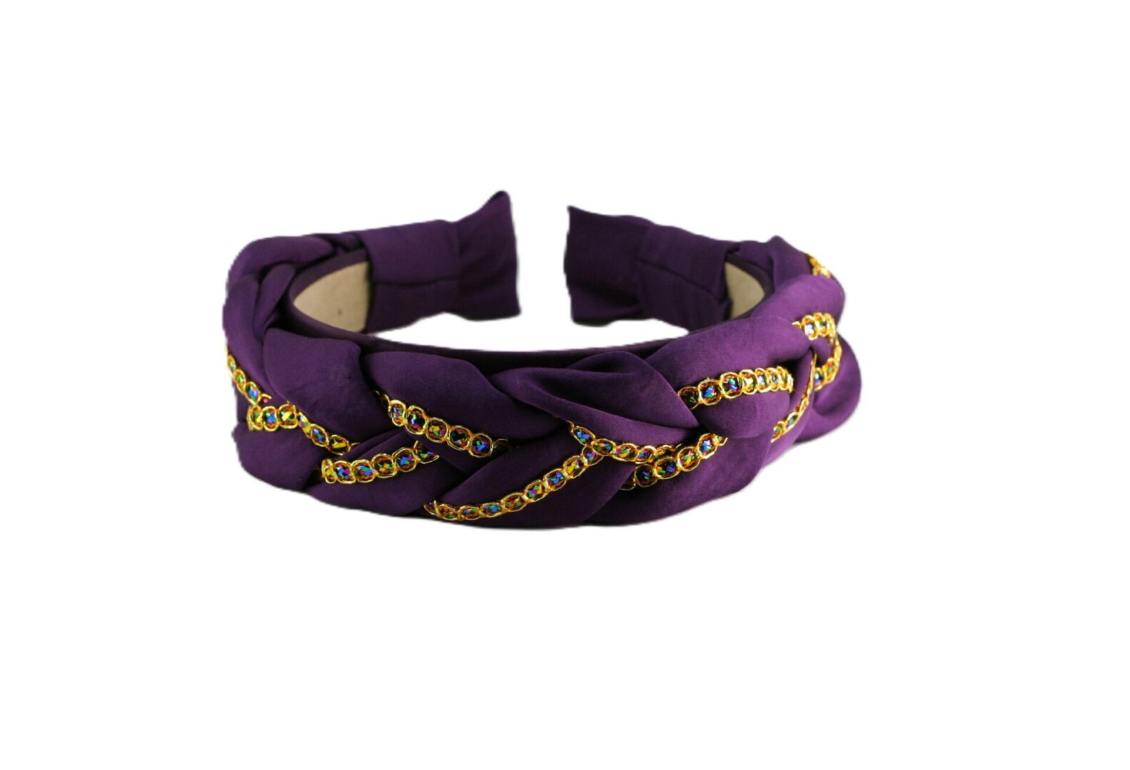 Purple braided headband with gold chain design.
