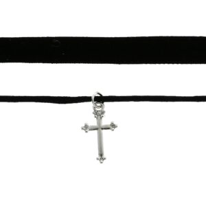 Black velvet choker necklace with a silver cross pendant.